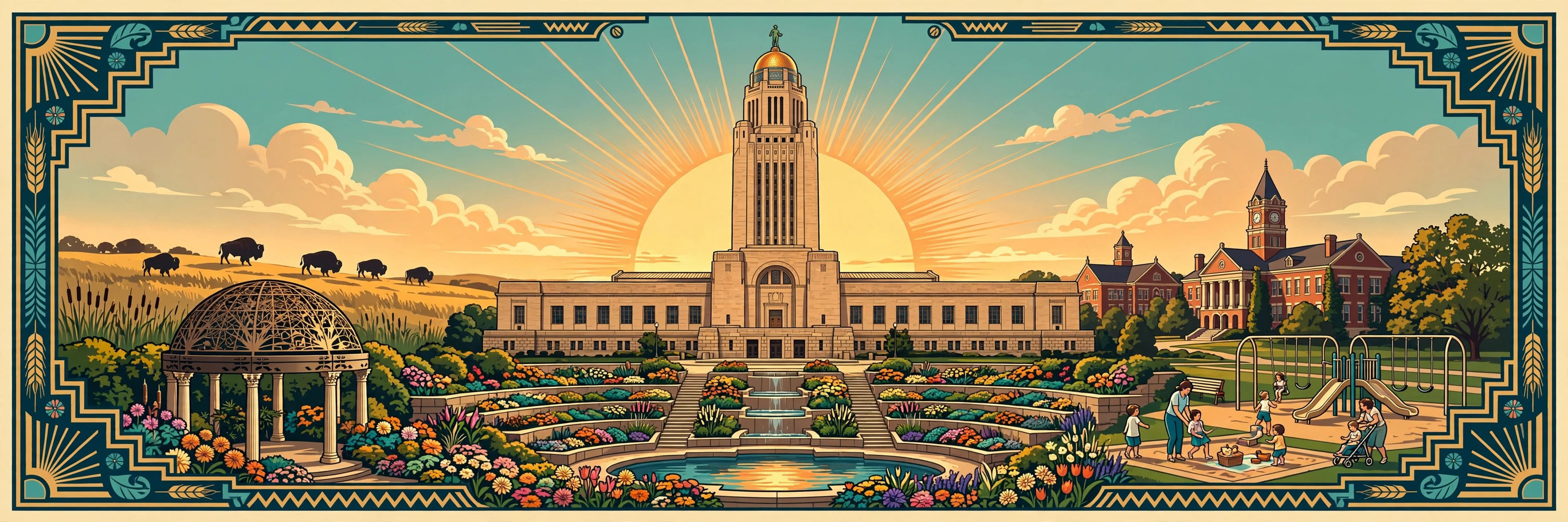 Art deco illustration of Lincoln — the Nebraska State Capitol tower, the Sunken Gardens terraces, bison on the prairie, the University of Nebraska campus, and families at a playground